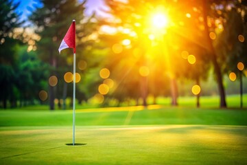 Obraz premium Golf Course Green, Bokeh, Flag, Putting Green, Summer Sport