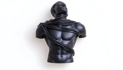 Black male torso sculpture bound by thick cords, against a white background