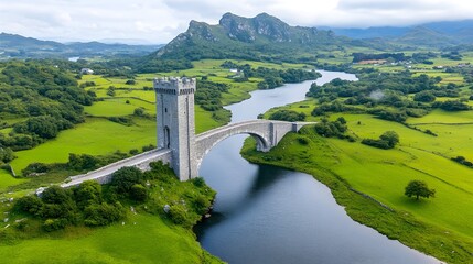 Aerial view of a medieval stone arch bridge spanning a river, nestled in a lush green valley with mountains in the background