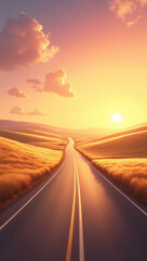 A picturesque road leading towards a vibrant sunrise, evoking feelings of journey and adventure. The road cuts through rolling hills, bathed in the warm glow of the rising sun
