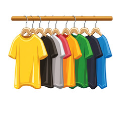 Fototapeta premium Vibrant collection of shirts on wooden hanger, a colorful wardrobe display