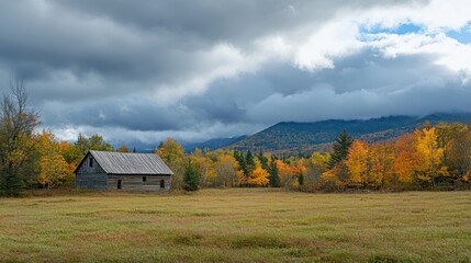 Obraz premium Autumnal scene of rustic barn under stormy clouds.