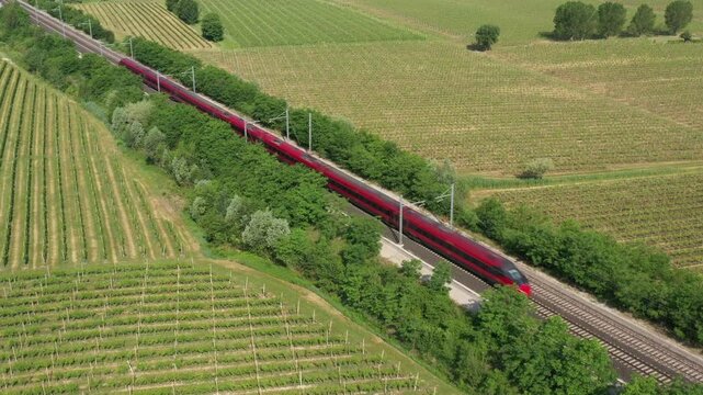 red train,frecciarossa 1000,aerial view,speed,red high-speed train,two trains,top view,italian trains,frecciarossa,two trains towards each other,two red trains,a diagonal,vineyard,red train aerial vie