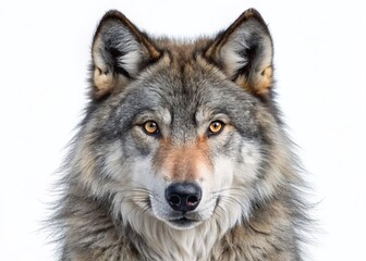 Obraz premium Gray Wolf Close Up, Isolated on White Background - Low Light Photography Stock Photo