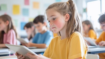 Fototapeta premium Girl using tablet in classroom