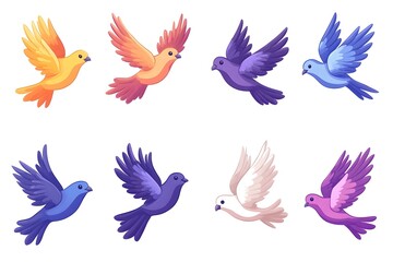 Obraz premium Eight vibrant birds in flight, showcasing diverse colors and wingspans