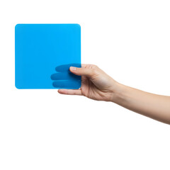 A hand holds a vibrant blue square card against a black background. Simple and clean.