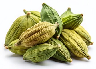Greenish-Yellow Cardamom Pods: Realistic Spice Clipart Isolated on White