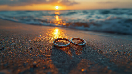 Wedding rings in sand on beach at sunset with ocean waves