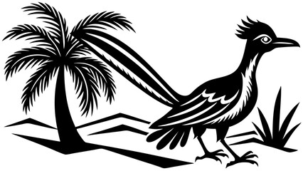 Stylized Black and White Roadrunner Bird Desert Palm Tree