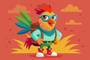 Adventurous Rooster Cartoon Character with Backpack