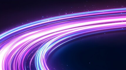 Glowing purple and blue light trails curve dynamically against a dark background, creating a vibrant, energetic effect