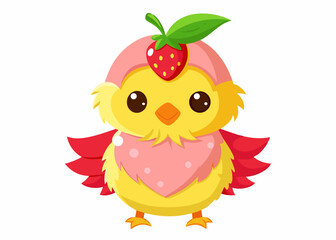 Fototapeta premium Adorable Cartoon Chick Wearing Strawberry Hat and Red Wings