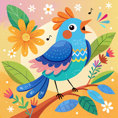 Happy Singing Bird on Branch with Colorful Flowers and Leaves