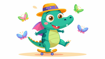Cute Cartoon Dragon Skateboarding with Butterflies