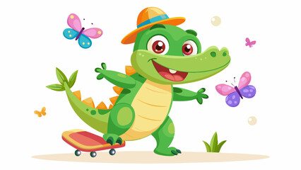 Happy Green Crocodile Cartoon Character Skateboarding with Butterflies