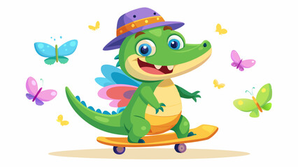 Cute Cartoon Crocodile Skateboarding with Butterflies