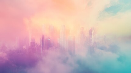 City skyline emerging from a hazy atmosphere with soft lighting, a tranquil aerial view.