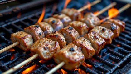 seasoned chunks of meat are skewered and placed on a hot grill, with the flames licking at the edges