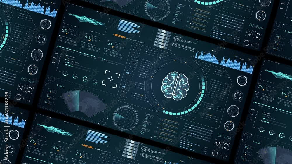 Poster motion graphic of blue digital brain with head up display (hud ui) and futuristic technology abstrac