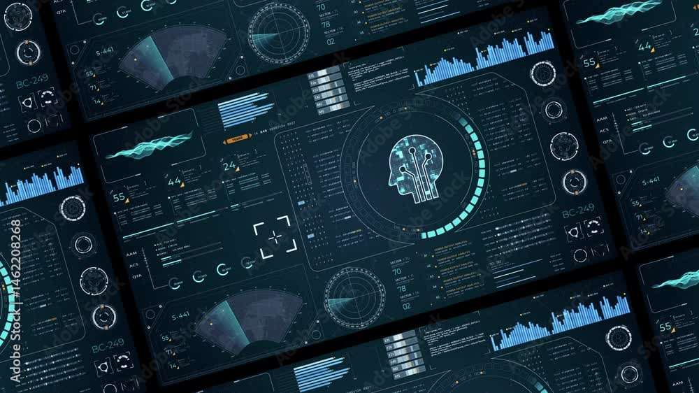 Poster motion graphic of blue digital robot head with head up display (hud ui) and futuristic technology ab