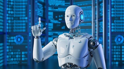 Naklejka premium 3D humanoid AI robot metaverse cyberspace digital world background, revolution of AI artificial intelligence automated digital technology industry 4.0, artificial intelligence, 3D Humanoid art