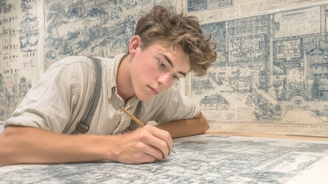 Young Man Carefully Creating Detailed Blueprint
