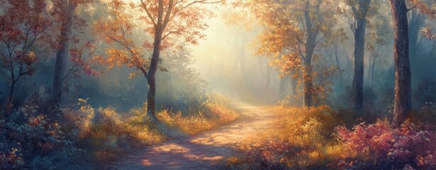 A sunlit forest trail, with golden leaves and a misty morning. Vibrant colors and a tranquil atmosphere. A picturesque landscape, perfect for nature enthusiasts.