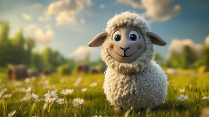 Fototapeta premium Cute cartoon sheep in a field