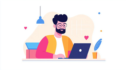 Cheerful office worker is unboxing new laptop while sitting at desk, surrounded by cozy workspace