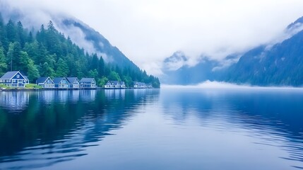 Fototapeta premium Misty lake nestled in mountains, houses reflected in calm water