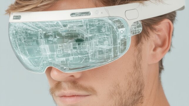 Young Man Using Futuristic AR Smart Glasses