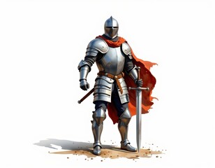 Fototapeta premium Epic scene of a knight with sword and red cape, stunning illustration knight