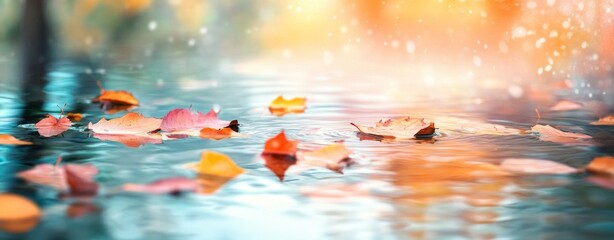 Autumn leaves float on a reflective water surface. Warm toned light and soft focus create a serene, dreamy mood. The colors are predominantly orange, red, and yellow.