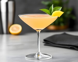 Peachy pink cocktail in a coupe glass, garnished with a lemon twist and leaves