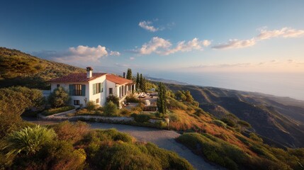 luxury Mediterranean villa from a distance, perched on a hill with stunning ocean views, whitewashed wells, terracotta roof, large windows reflecting the sunlight lush greenery surrounding the villa