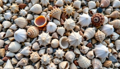 a variety of seashells in different shapes and sizes, ranging from smooth and round to spiky and jagged, washed up on the beach.