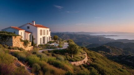 Naklejka premium luxury Mediterranean villa from a distance, perched on a hill with stunning ocean views, whitewashed wells, terracotta roof, large windows reflecting the sunlight lush greenery surrounding the villa