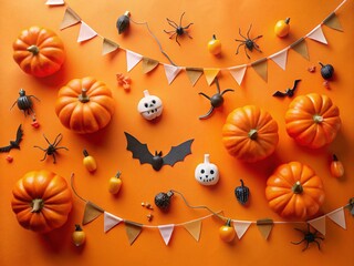 Happy Halloween Flat Lay: Pumpkins, Bats, Ghosts & Bunting on Orange
