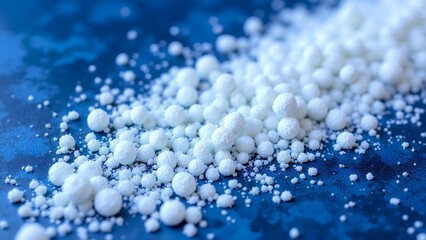 White granular and spherical pellets scattered on a blue surface, resembling a scientific or industrial material.