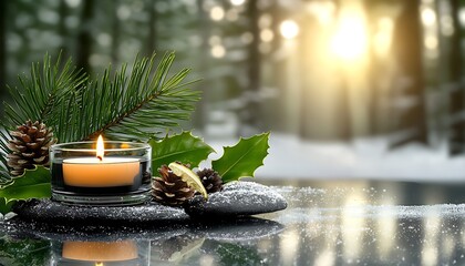 Winter candle scene with pine, holly and stones