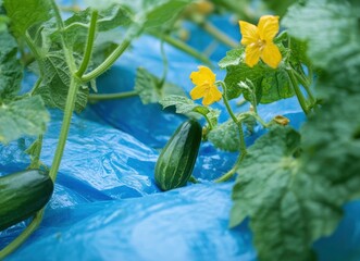 Cucumber with Yellow Flower on Plastic Sheet