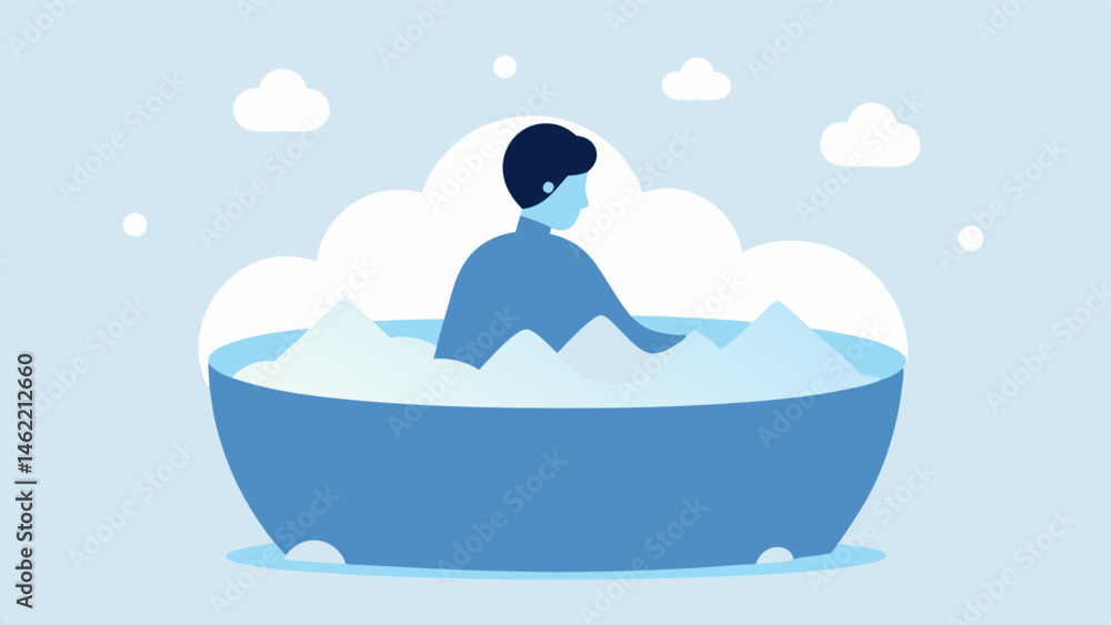 Poster ice bath setup a person sitting in a large tub filled with ice and water surrounded by frosty air wi