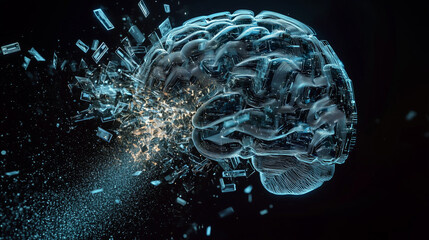 Digital representation of brain shattering into fragments, showcasing concept of artificial intelligence and cognitive processes. image evokes