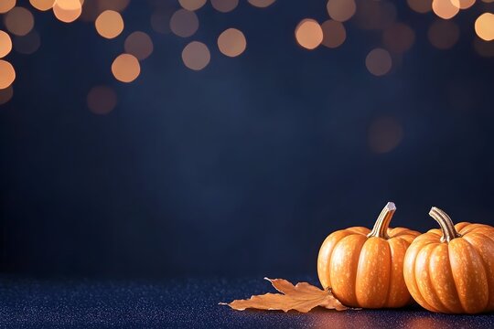 Two mini pumpkins and autumn leaf on dark background with bokeh lights