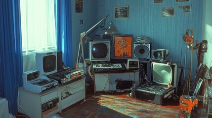Retro tech room filled with vintage electronics.  A nostalgic glimpse into a bygone era of home entertainment