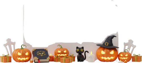 Spooky Halloween 3D Render Jack o lanterns Black Cat Witch Hat Gifts Candles