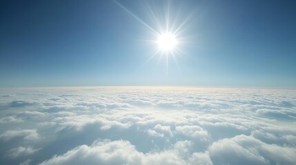 Bright summer sky with the sun shining at the center, surrounded by soft white clouds and blue tones. Radiant sunlight fills the scene, casting a gentle glow evoking warmth clarity in the atmosphere.