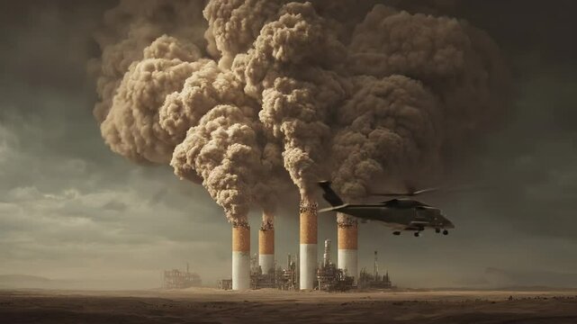 Polluting industrial chimneys emit thick smoke clouds over dusty landscape