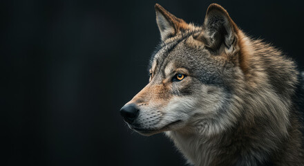Obraz premium Close-up portrait of a wolf with striking golden eyes against a dark background